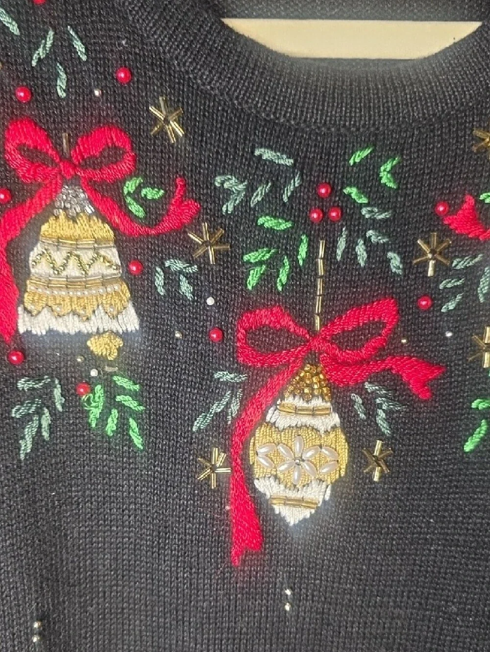 Black Vintage Holiday Ornament Sweater with Red Bows